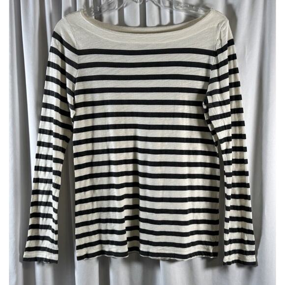 Ann Taylor LOFT Boatneck Long Sleeves Striped T-Shirt, Black/Ivory, Sz: M, 73-26 - Picture 7 of 14